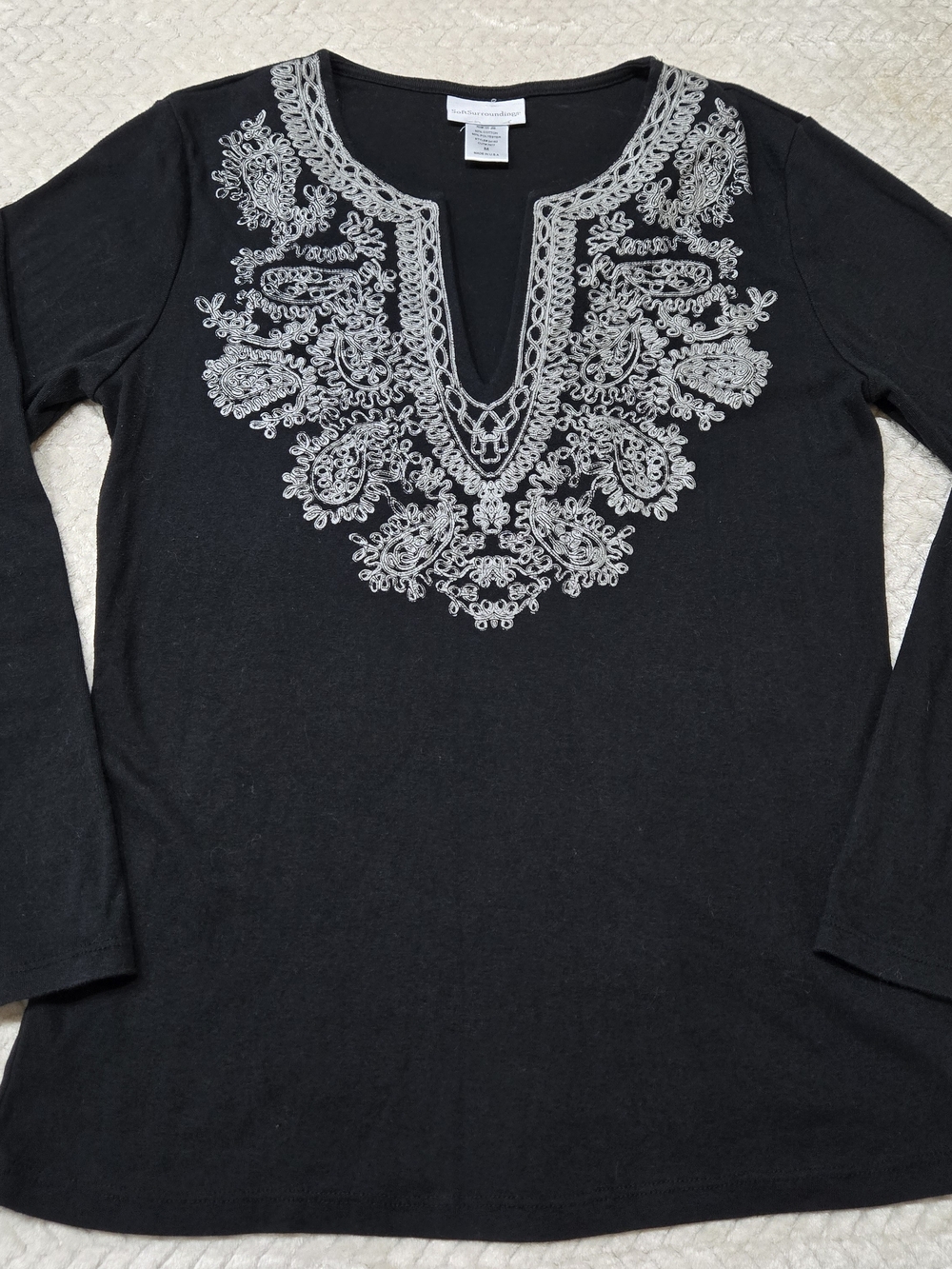Soft Surroundings Long Sleeve Top Women's Size Medium Black Gray Filigree Lace